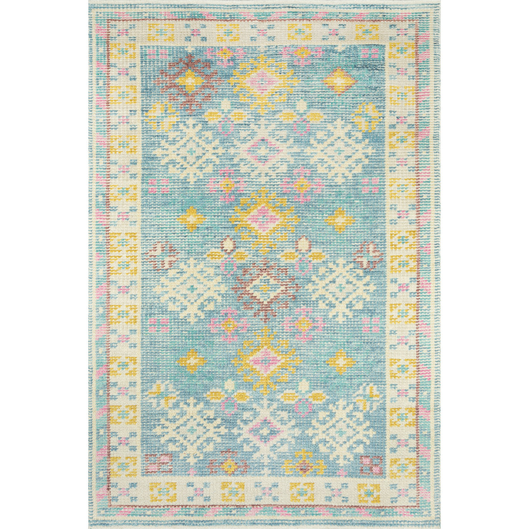 Emersynn Hand-Knotted Wool/Cotton Blue/Pink/Yellow Area Rug Bungalow Rose Rug 