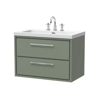 Hudson Reed Lille 600mm Fern Green 2 Drawer  Wall Hung Vanity Unit With 3 Tap Holes Fireclay Basin