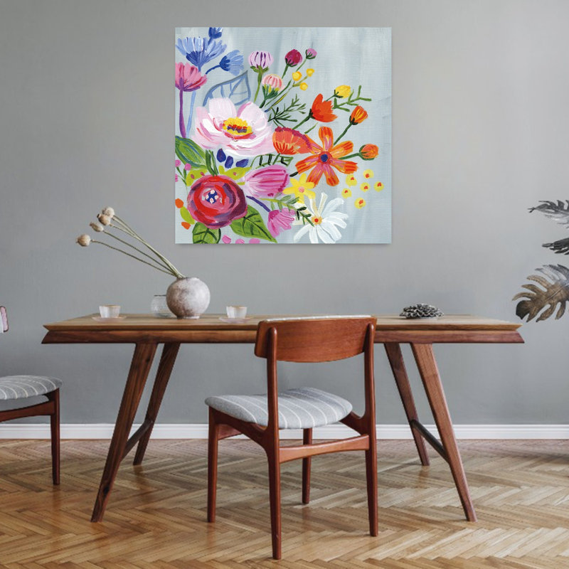 Art contemporain rétro floral avec fleurs bleues, H 32 po x l 32 po