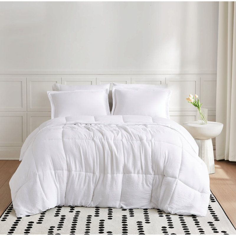 Ensemble d'édredon uni vraiment délavé, Blanc / Blanc, Édredon pour très grand lit + 2 taies décorativ