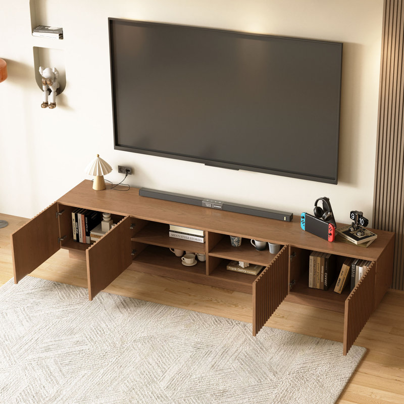 Console média moderne cannelée - Meuble télé 86,6 po avec portes à lattes, structure en MDF et base en bois massif - pour téléviseurs de 90 po ou moins