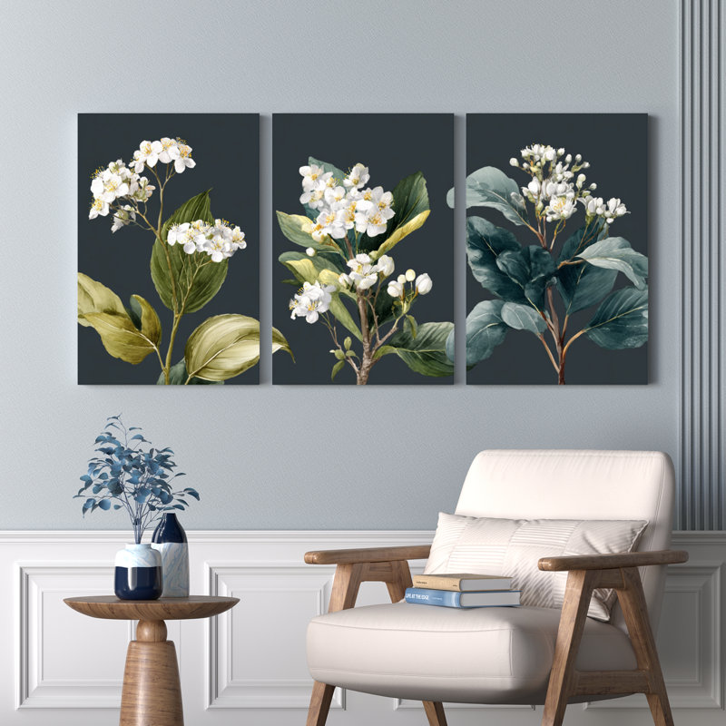 Fleurs blanches et feuilles vertes, art botanique sur toile tendue sur toile, ensemble de 3, H 36 po x l 72 po