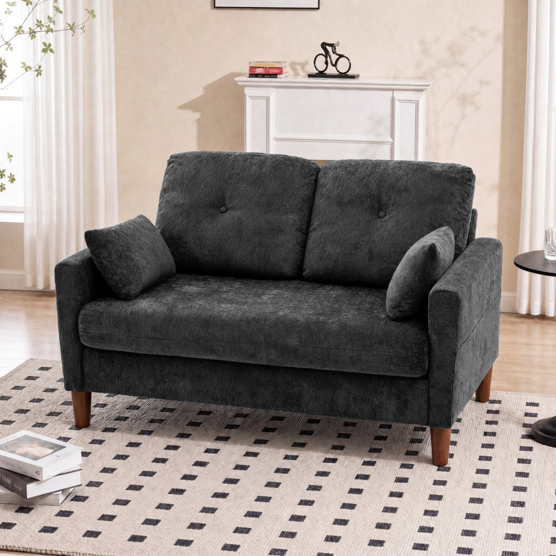  Canapé de 48 pouces, canapé en chenille noire pour petits espaces, causeuse avec siège profond, coussin à ressorts, coussin décoratif, accoudoir large, poches latérales