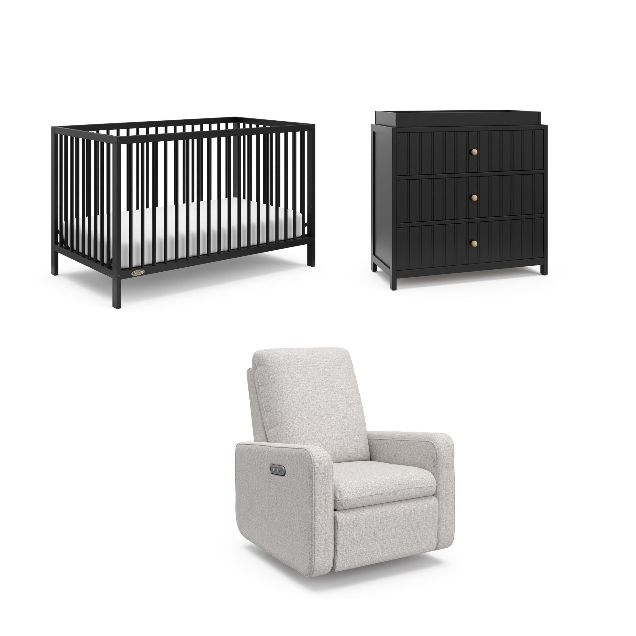 Graco Teddi 5 In 1 Convertible Crib 3 Drawer Chest With Changing Topper And Power Recliner 3 Piece Nursery Collection Set