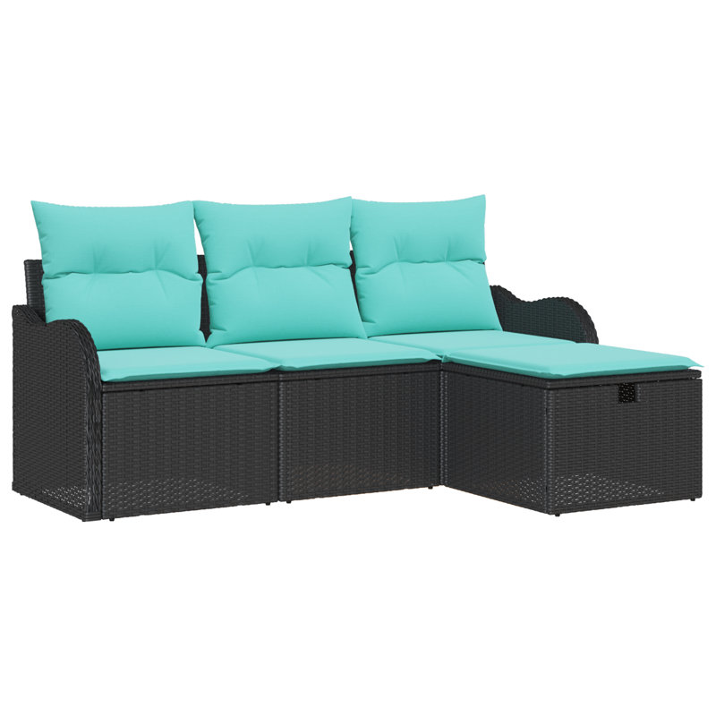 vidaXL Sofa Set with Cushion 4 pcs Black and Turquoise Poly rattan, Black Frame/Blue Cushion