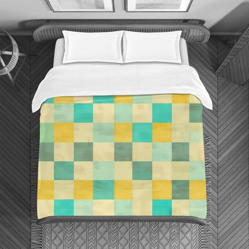 Checkered Bedding Pattern Duvet Cover Turquoise/Yellow, Housse de couette pour grand lit