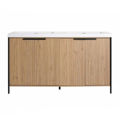 Meuble-lavabo autoportant de 60 po avec double lavabo en résine et 4 portes d'armoire à fermeture en douceur