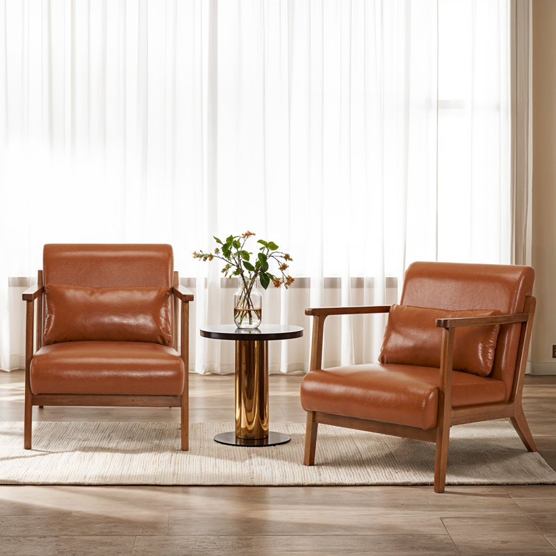 Mid-Century Modern Leatherette Accent Stool And Chair With Walnut Rubberwood Legs, Brown Faux Leather