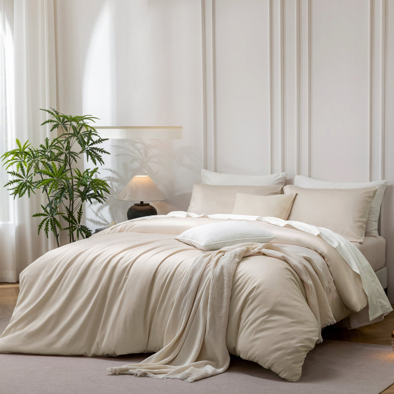 Ensemble de housse de couette MooMee, Housse de couette pour très grand lit et 2 taies, Beige