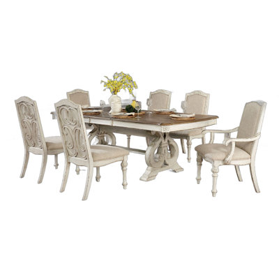 Arca 7Pc Dining Table Set With Fabric Chairs, Antique White Solid Wood