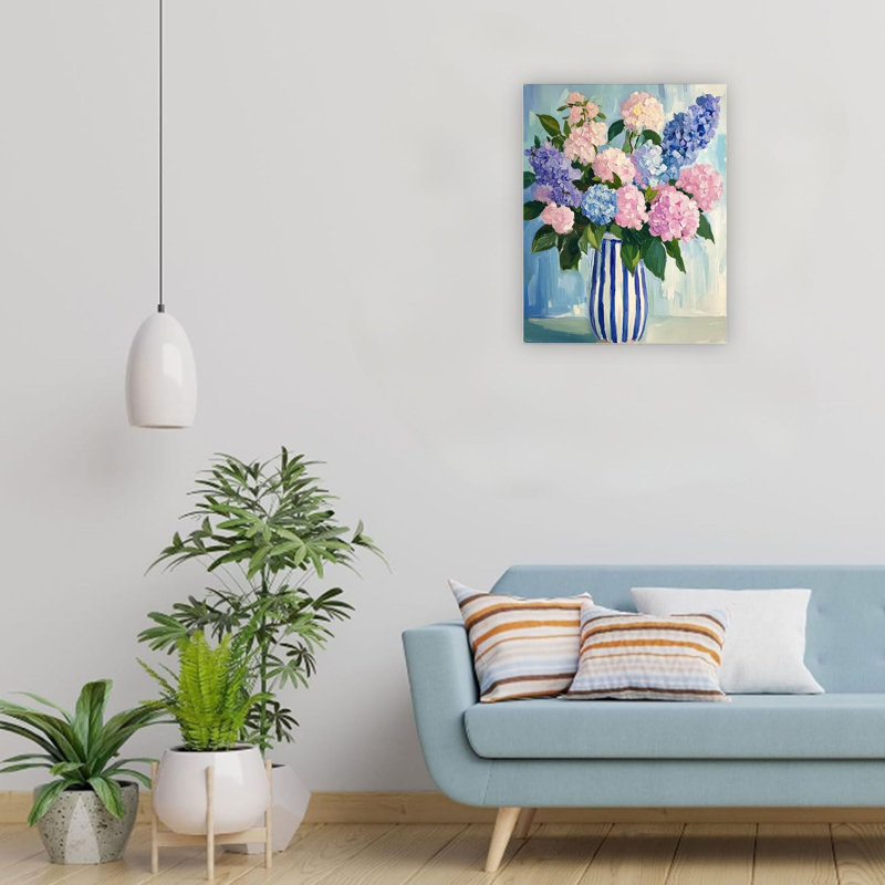 Bleu et rose, hortensia, art mural sur toile, décoration d'intérieur 24 x 18 po
