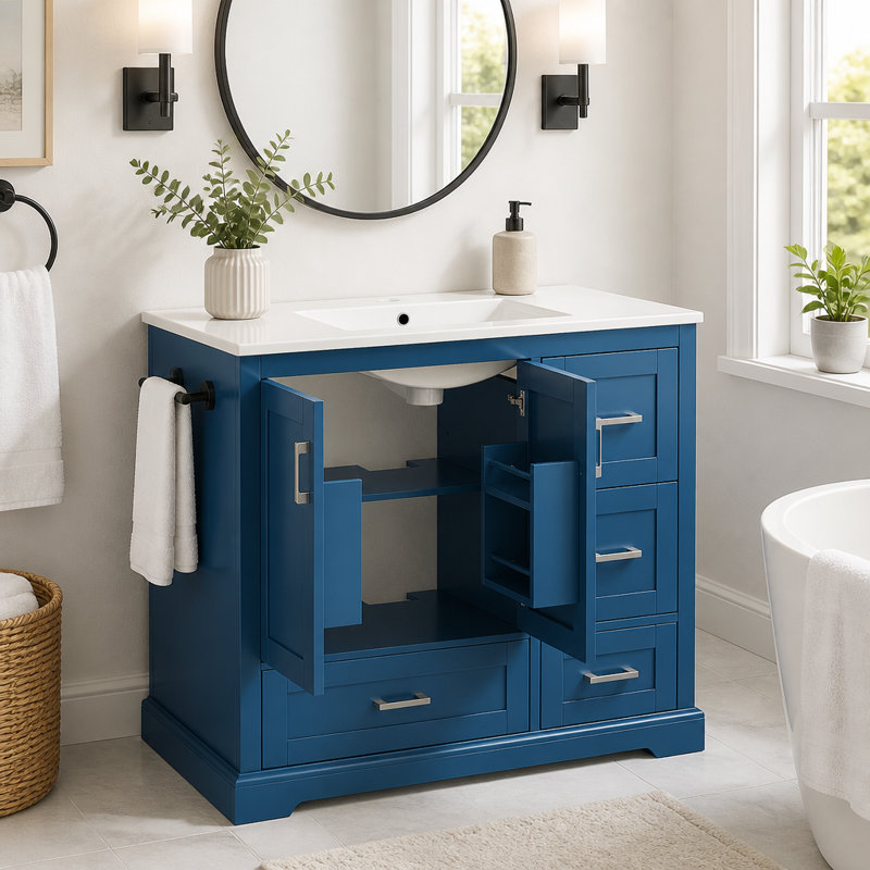 Meuble-lavabo de salle de bain avec lavabo en céramique, 4 tiroirs et portes à fermeture en douceur, Navy Blue