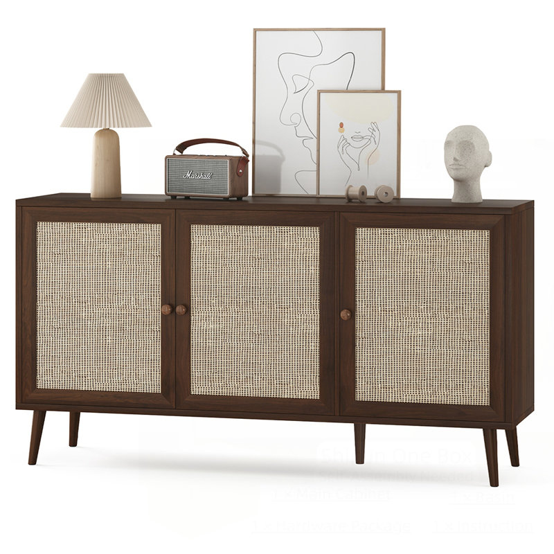Buffet en rotin naturel avec grand rangement, robuste et multifonctionnel pour la salle à manger et la cuisine, Noyer