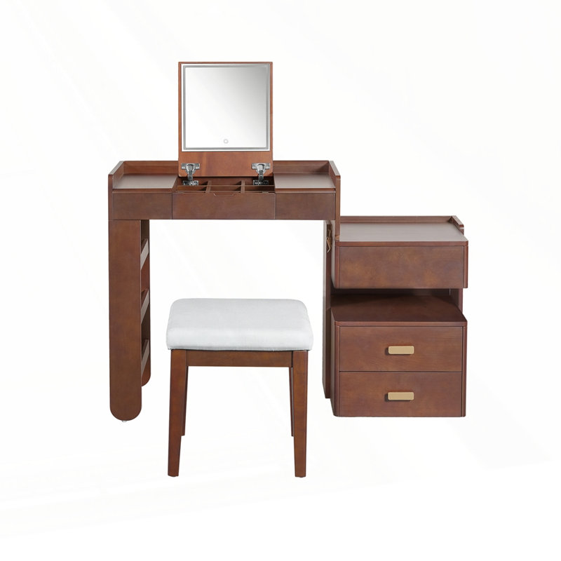 3-In-1 Makeup Vanity Desk With Flip-Top Mirror, Walnut