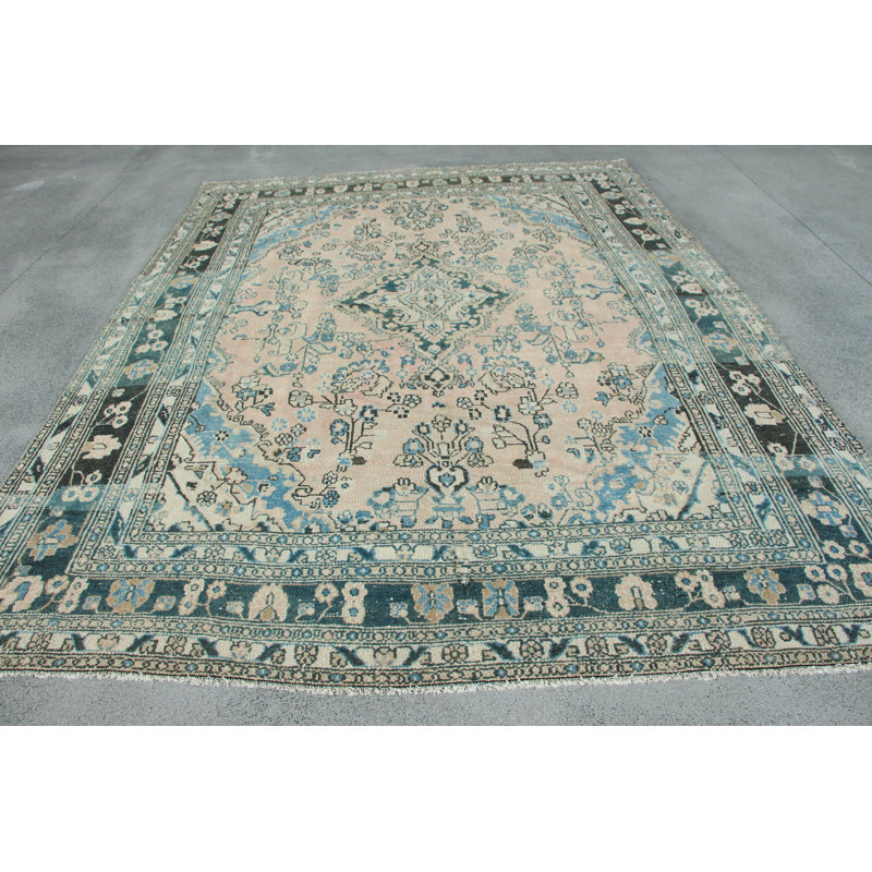 Charme artisanal dans un élégant motif floral bleu et beige sur un tapis turc rétro convenant aux salons et aux chambres élégants