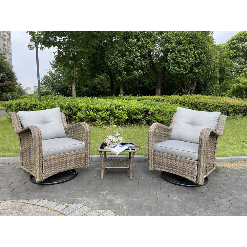 Ensemble de conversation pivotant en osier / rotin pour 2 personnes avec coussins de table, Gris