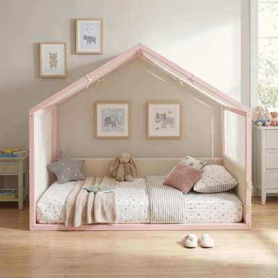 Lit à baldaquin avec panneaux latéraux rembourrés en velours, baldaquin en lin respirant, cadre de lit plateforme à rembourrage doux, lit moderne à assemblage facile pour la chambre à coucher, chambre d'amis