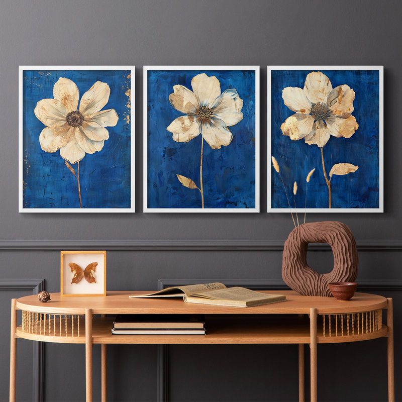 Étude florale, série XXII, ensemble de 3 estampes numériques, prêt à accrocher, Blanc, H 10 po x l 24 po