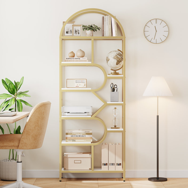 Bibliothèque de 81,7 po de hauteur, bibliothèque arquée à 6 niveaux, tablette de rangement géométrique ouverte, Blanc / Doré