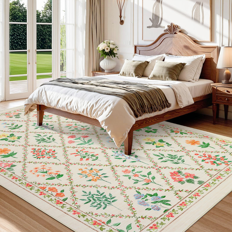 Rugs for Living RoomMachine Washable Area Rugs Non-SlipVintage Floral Rug Bedroom Rug for Dorm Playroom Foyer Entryway, Beige