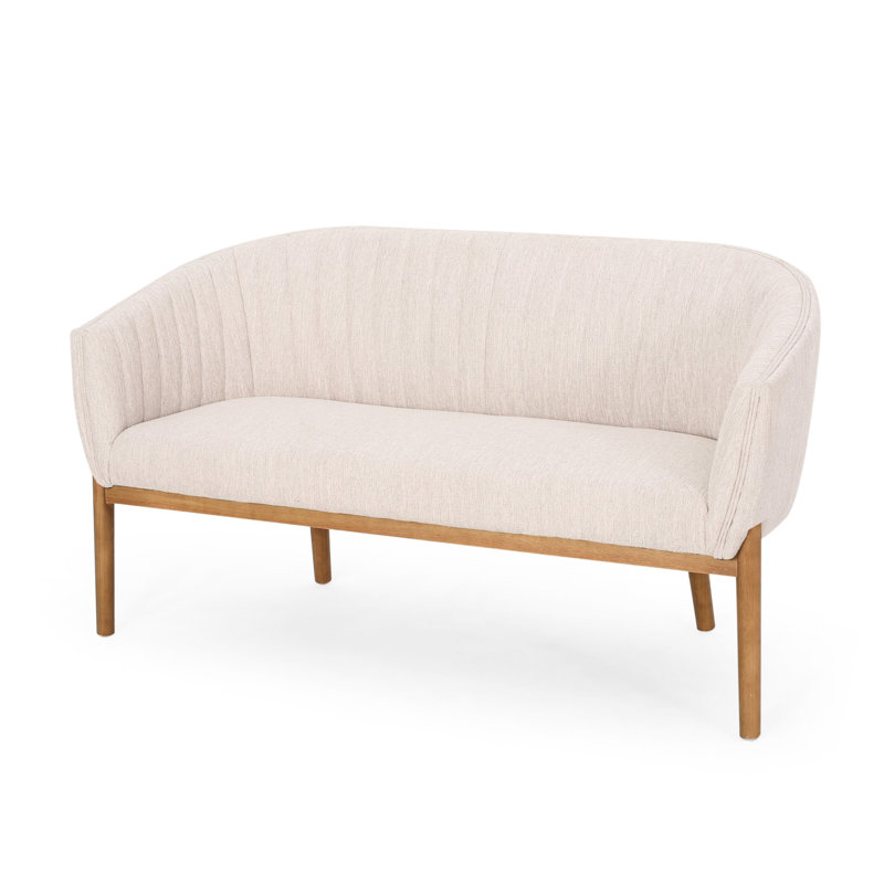 Beige de style Mid-Century moderne, dossier à surpiqûres rainurées, pieds en bois d'hévéa brun, pieds de meuble requis pour l'assemblage, inclus