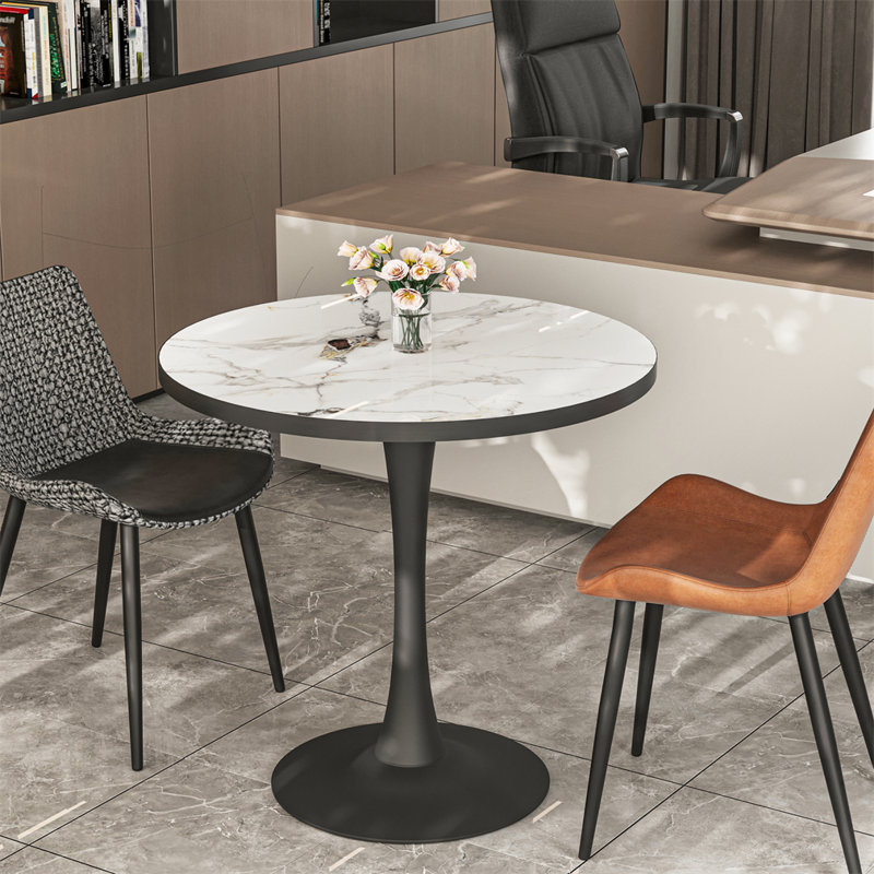 Table de salle à manger ronde de 76 cm (30 po) en pierre frittée avec pied central, table de cuisine moderne pour petits espaces (2 à 4 personnes).