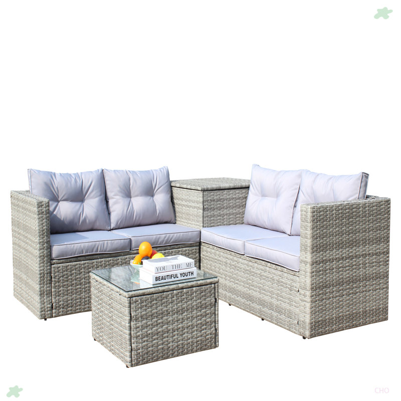 Ensemble de canapé modulaire d'extérieur en rotin et osier 4 pièces avec boîte de rangement gris