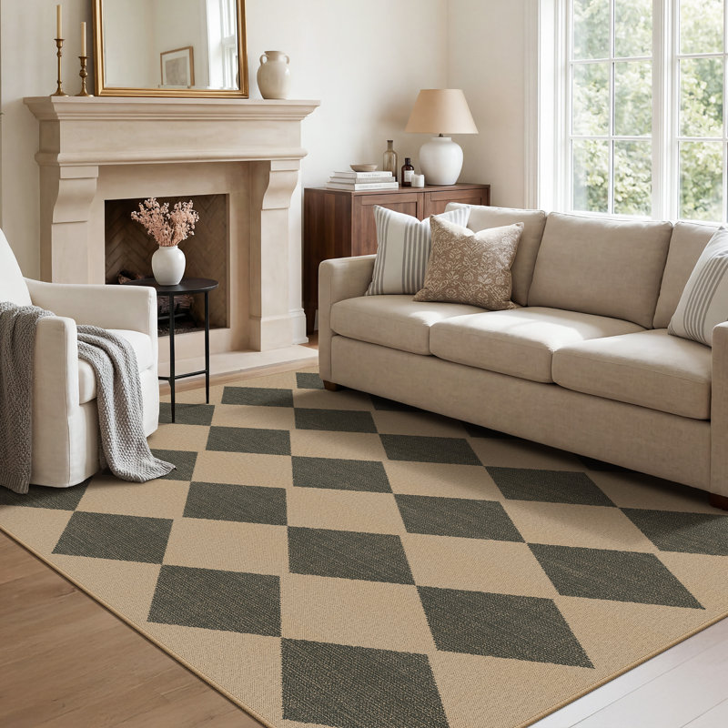 Checkered 5x7 Area Rug Machine Washable Non Slip Woven Plaid Carpet, Geometric Diamond Non Shedding Low Pile Modern Farmhouse Floor Mat for Living Room, Bedroom, Dining Room