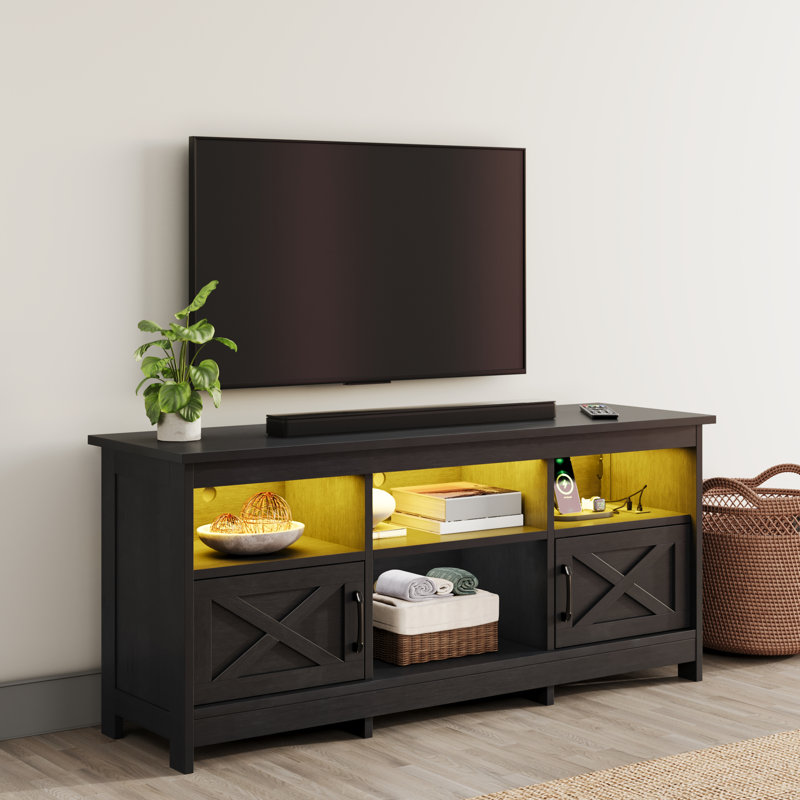 Meuble télé pour téléviseur de 65 po ou moins avec lumières Ushna 59 po, H 25,5 po x l 70 po x P 15,7 po, Noir