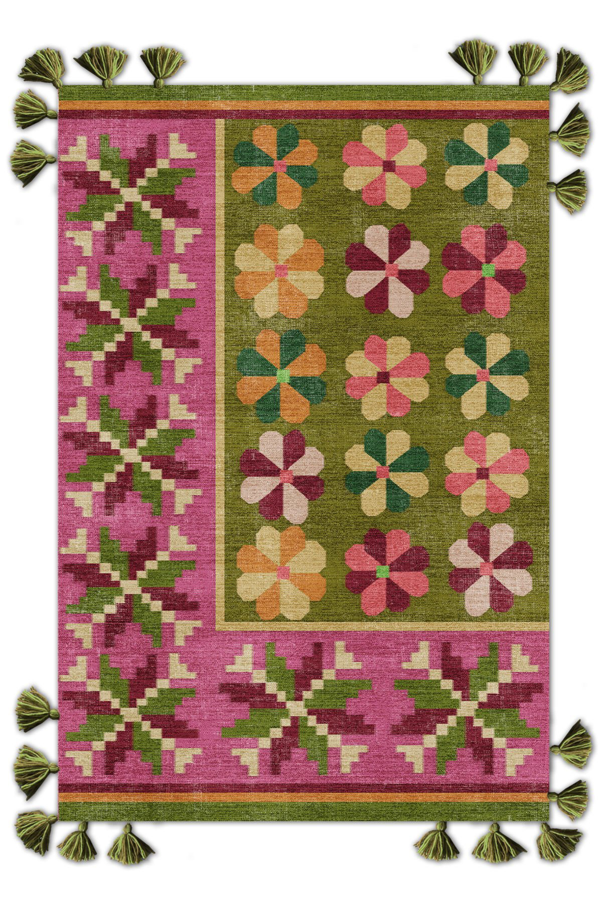 Pink Fringe Rug Foundry Select Green Pink Ethnic Floral-Themed Fringed Woven Base Rug ...