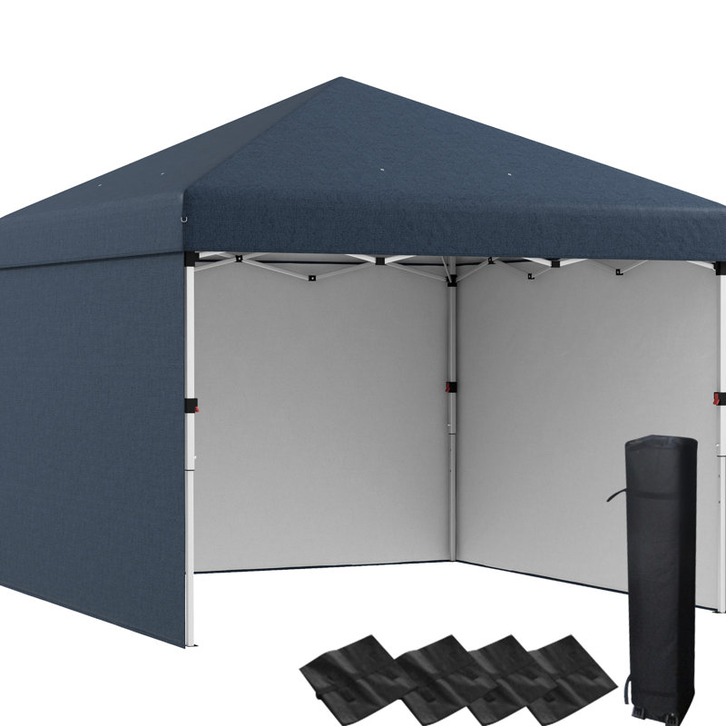 Auvent escamotable 10 pi x 10 pi 3 parois latérales à hauteur réglable. UV30 +. Sacs de transport et de poids inclus. Fonction d'événement de patio bleu marine. Protégé fourni. Tente
