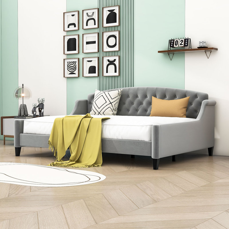 Jeta Tufted Upholstered Daybed With Arms And Slats, Full/Double