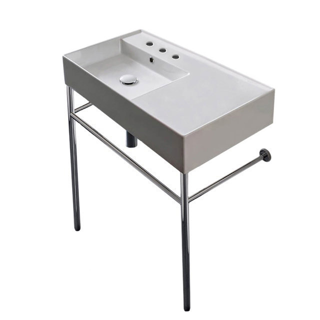 Lavabo de salle de bain vasque rectangulaire en céramique blanche avec trop-plein Teorema, Trois trous
