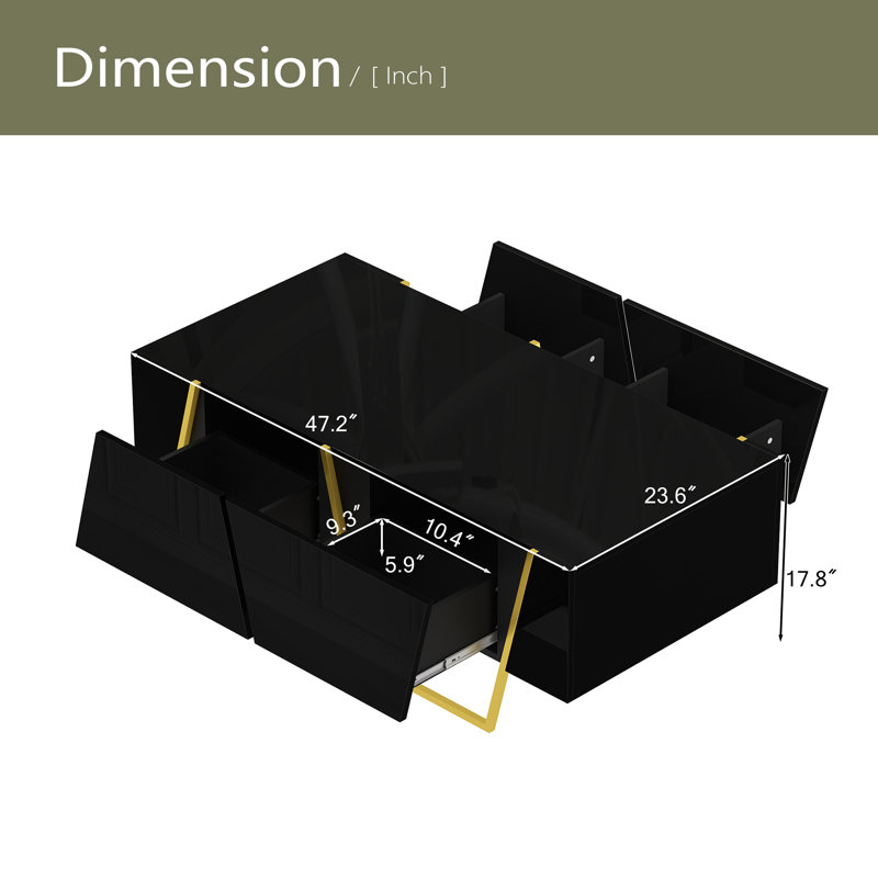 Table basse rectangulaire moderne ultrabrillante pour le salon avec rangement et base dorée, 4 tiroirs