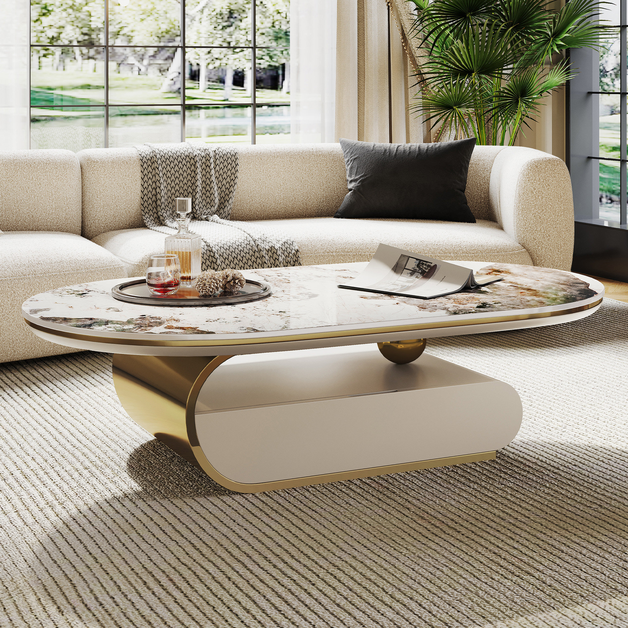 Brayden Studio Wehr 55.1” Oval Coffee Table with Pandora Marble Top ...
