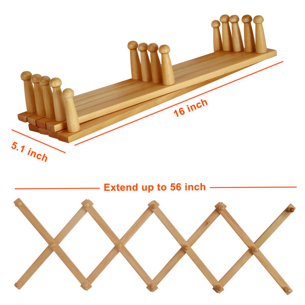 Wood Accordion Wall Hanger, Expandable Coat Rack Wall Mount with 14 PE