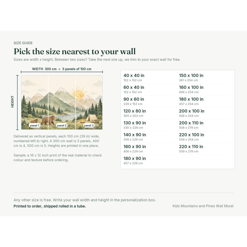 Kids Mountains and Pines Wallpaper Mural, Peel and Stick Kids Room Wall Mural, Watercolor Nursery Wallpaper Made to Measure