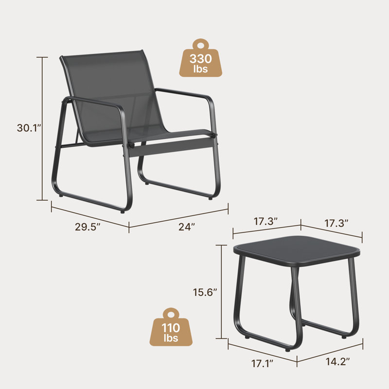 2 Person Outdoor Seating Set with Weather Resistant Frame and Durable Mesh Fabric 3 Piece Set, Black