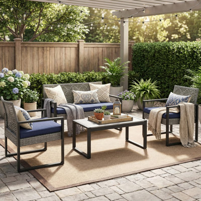 4-Piece Outdoor Seating Group With Removable Cushions, Patio Conversation Set With Wood Tabletop for Backyard, Poolside