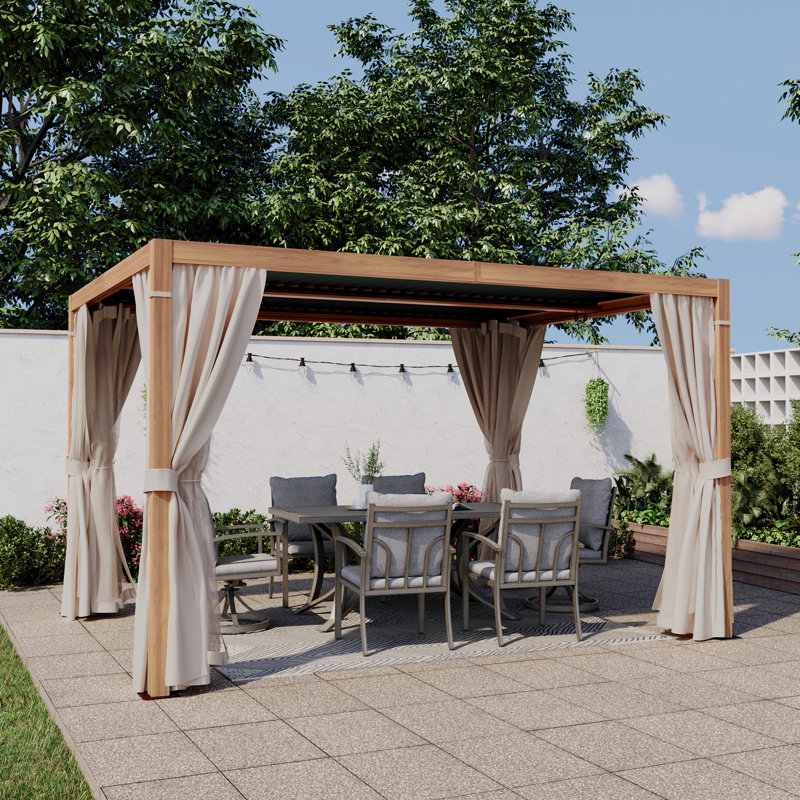 Aluminum Louvered Pergola with Adjustable Roof and Curtains, 13 Ft. W x 10 Ft. D, Wood Grain