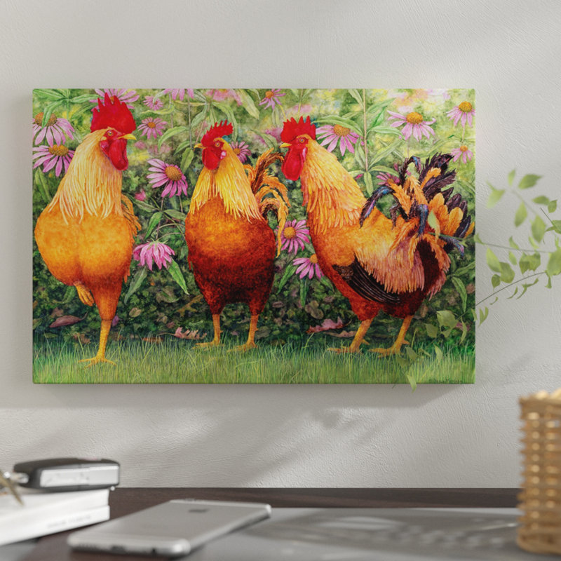 «Roosters en Place I», impression sur toile, H 12 po x l 18 po x P 1,5 po, Papier d'art encadré noir, Pas de tapis