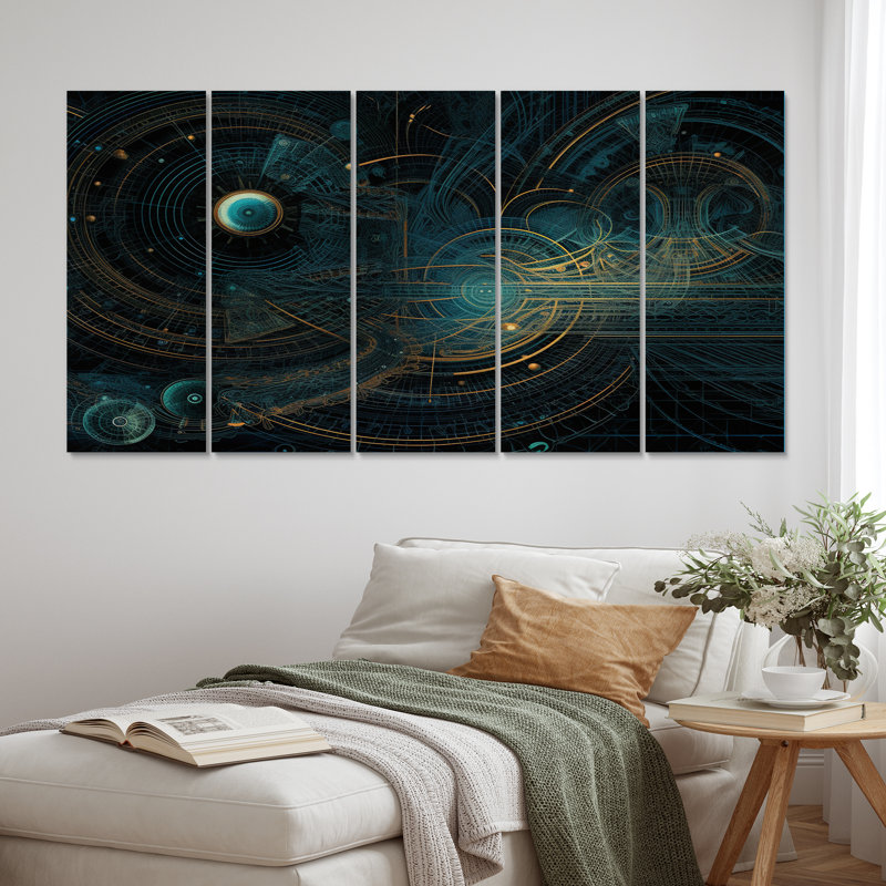 Turquoise Harmony Soundwaves Ocean Seascape I - Reproduction d'art abstrait formes abstraites - 5 panneaux égaux