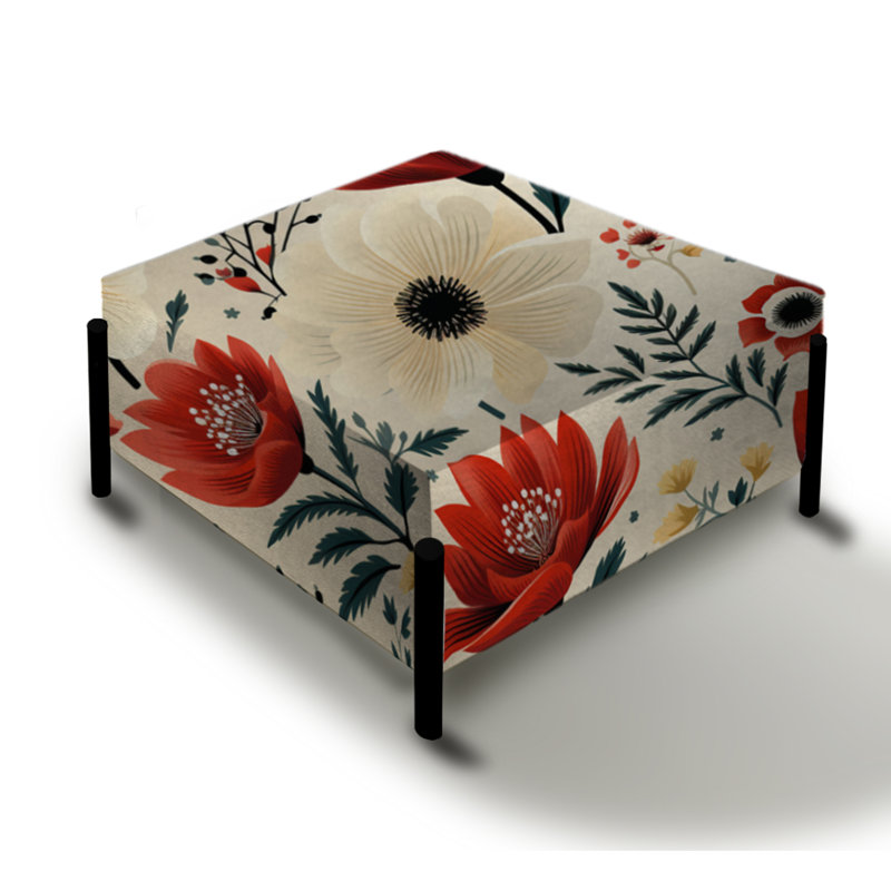 Motif floral rétro rouge et beige - Grand repose-pieds carré floral