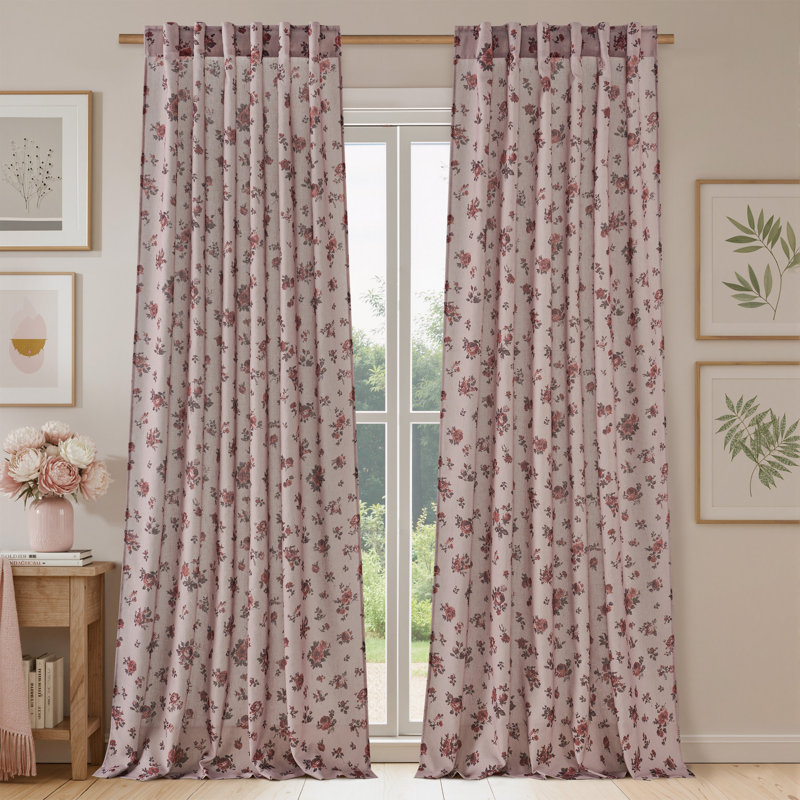  Rose Floral Linen Curtains for Living Room, Light Filtering Farmhouse Drapes Country Vintage Back Tab Window Panels for Bedroom, 2 Panels