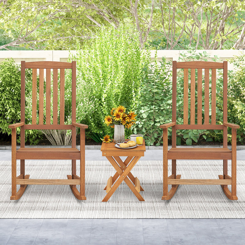 Costway Wood Folding Square Table & 2pcs Rocking Chair Set With Slatted Seat & Tabletop