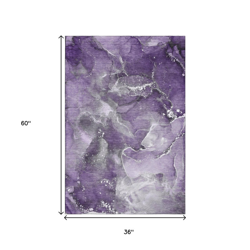 3' X 5' Purple And Ivory Abstract Washable Area Rug With UV Protection