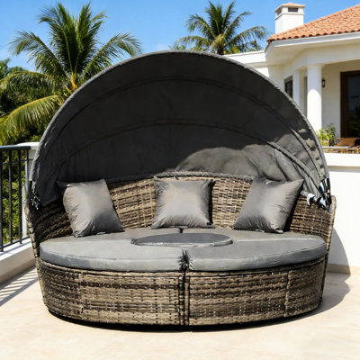 Mobilier de patio 4 pièces, lit de jour rond convertible avec auvent, siège en PE gris foncé, sièges d'extérieur confortables, housses de coussin amovibles convenant à la pelouse et au porche,