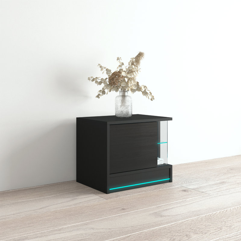 Bozarth 21.6" Nightstand with 16-Color LED Lighting, High Gloss Finish, Black