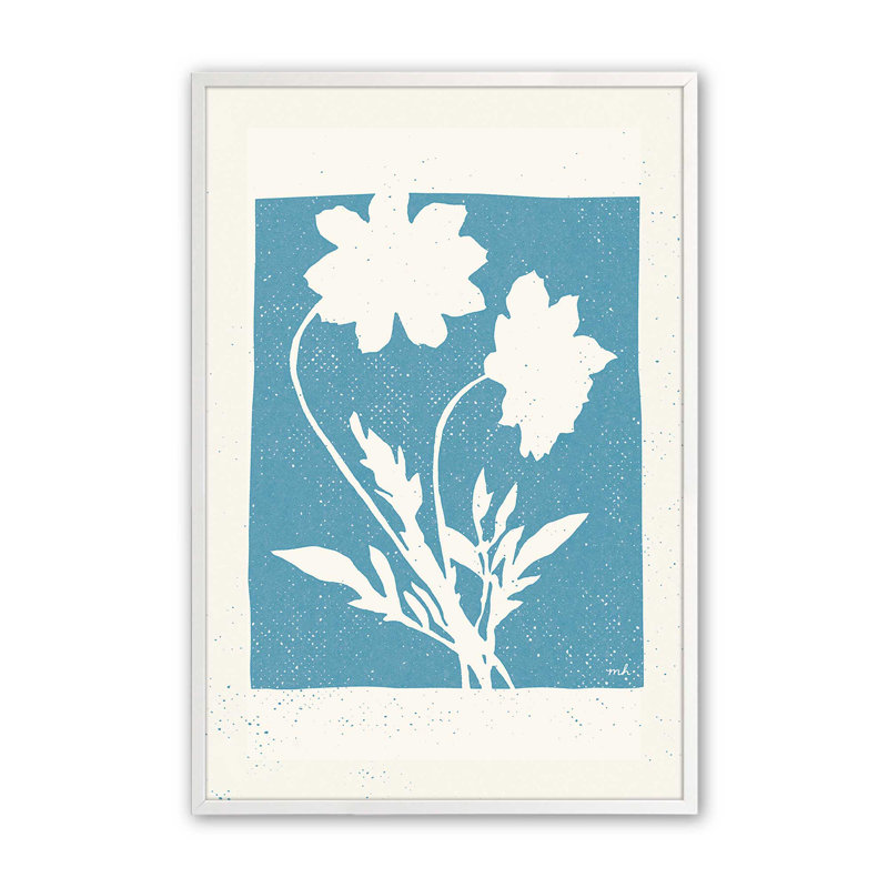 Fleurs subtiles en bleu, Cadre opaque blanc, H 21 po x l 17 po