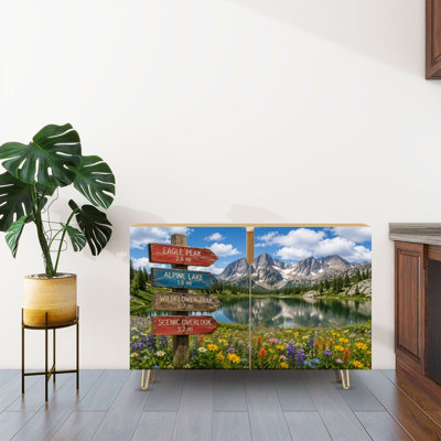 Sideboard Buffet Cabinet with Storage Alpine Mountain Lake Landscape Wildflowers Wooden Hiking Trail Signs with 2 Doors for Living Room and Kitchen